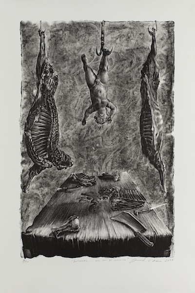 David O´Kane: Butchers... Will Not Be Wanting, 2017, 
manière noire lithograph, motif size 32 x 21.5 cm, paper size 56 x 38 cm, 
edition 3 of 10. From the series A Modest Proposal. 
Inspired by Jonathan Swift.

